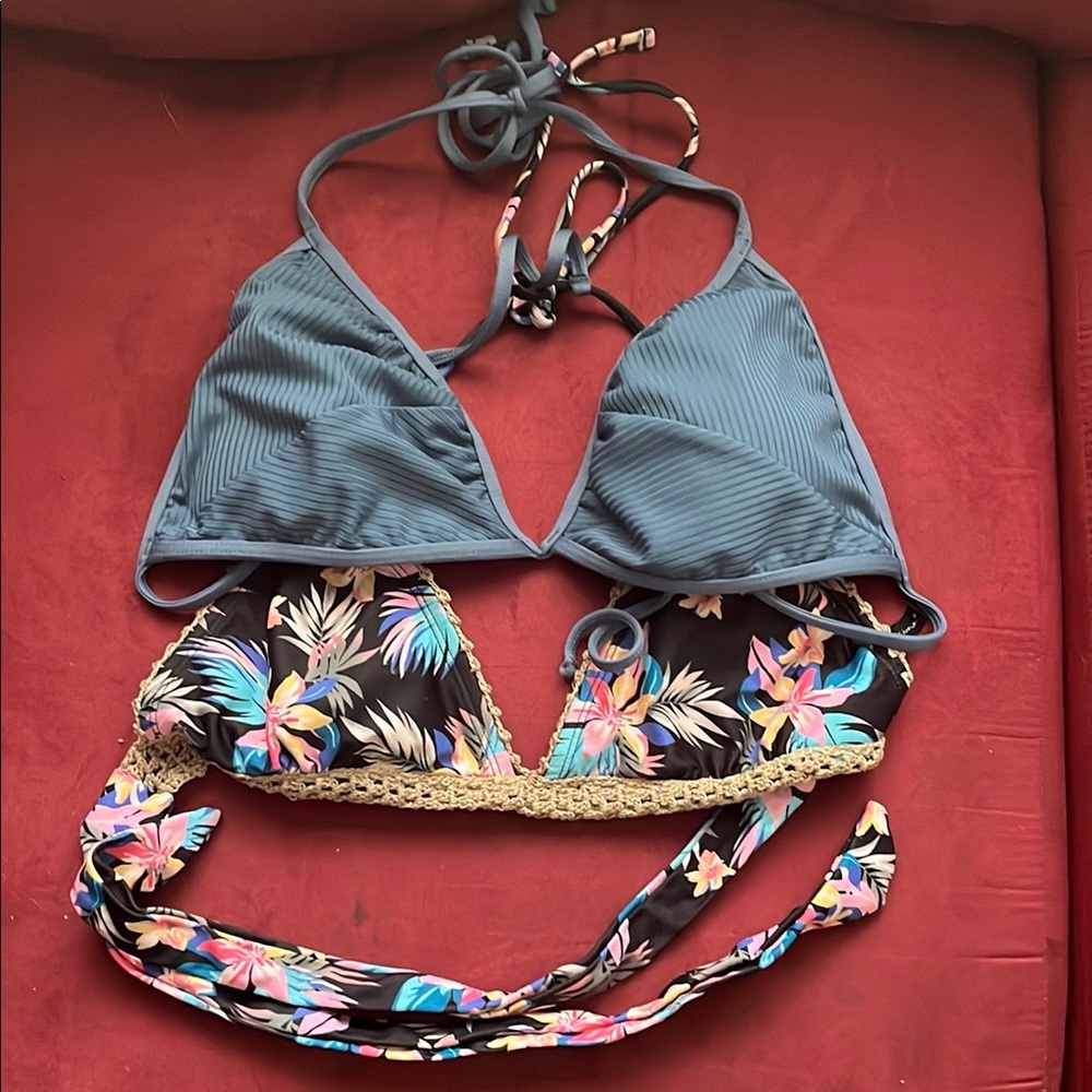 Tropical & Blue Tie Bikini Tops